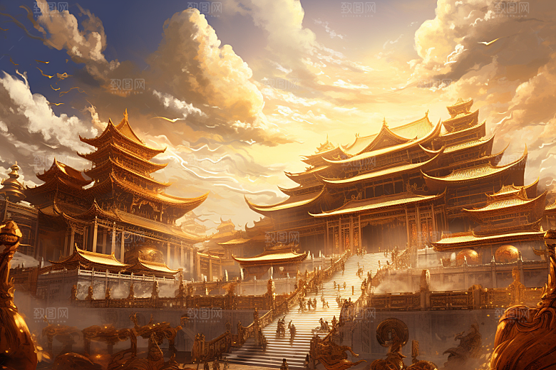 金色神话建筑中国传统风格国潮原画