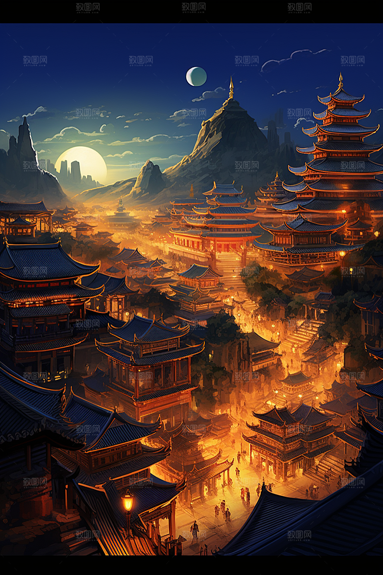 金色神话建筑中国传统风格梦幻原画