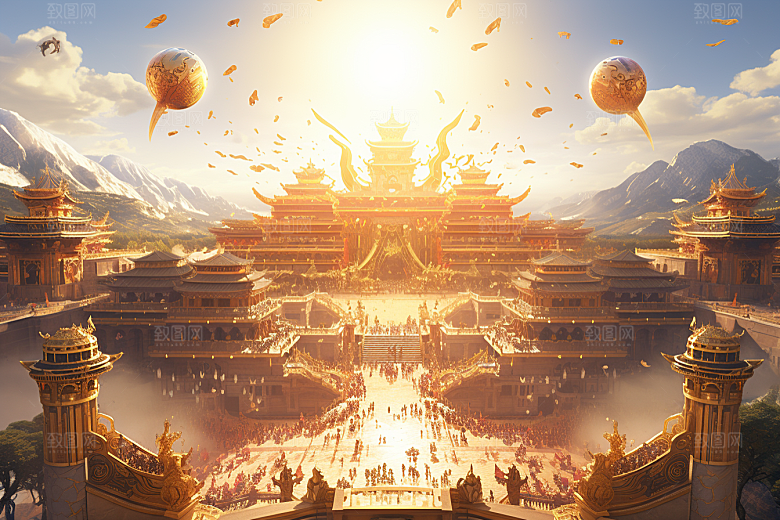 金色神话建筑天宫国潮原画