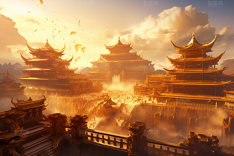 金色神话建筑梦幻中国传统风格原画