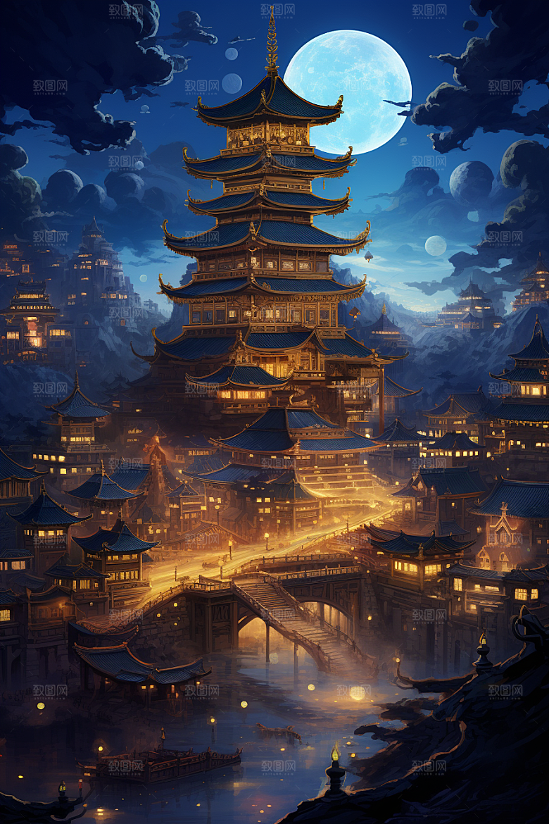 金色神话建筑古风高清原画
