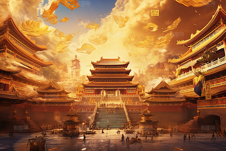金色神话建筑神仙洞府中国传统风格原画