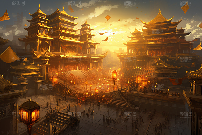 金色神话建筑中国传统风格神仙洞府原画