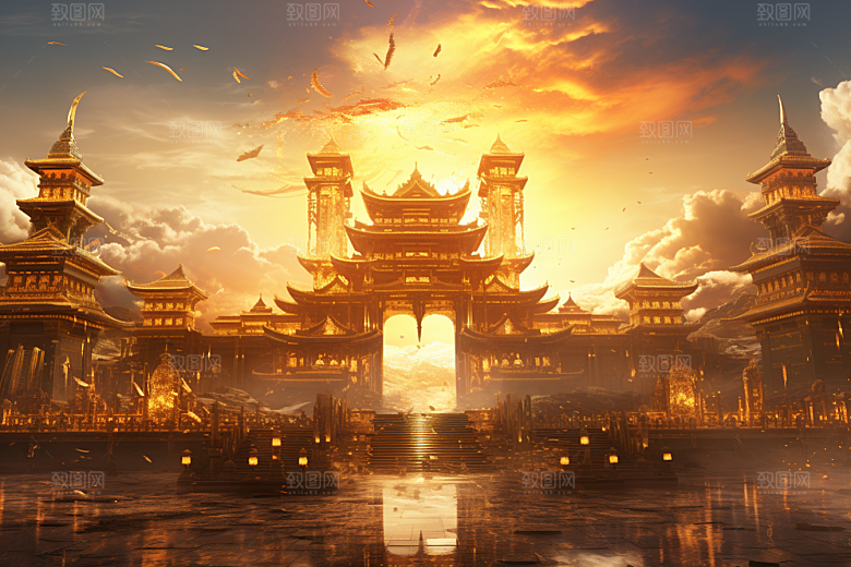 金色神话建筑古风国潮原画