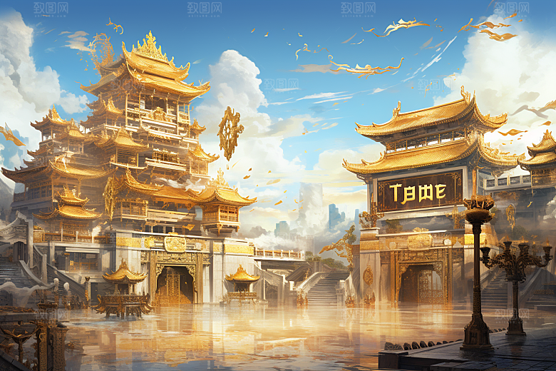 金色神话建筑神仙洞府国潮原画