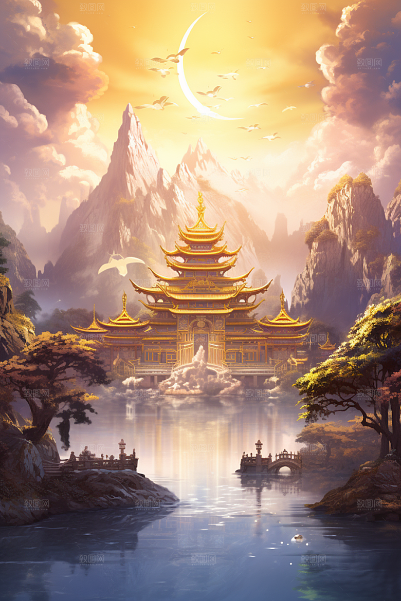 金色神话建筑天宫古风原画