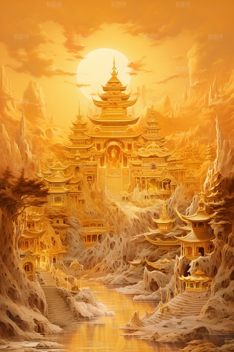 金色神话建筑神仙洞府古风原画