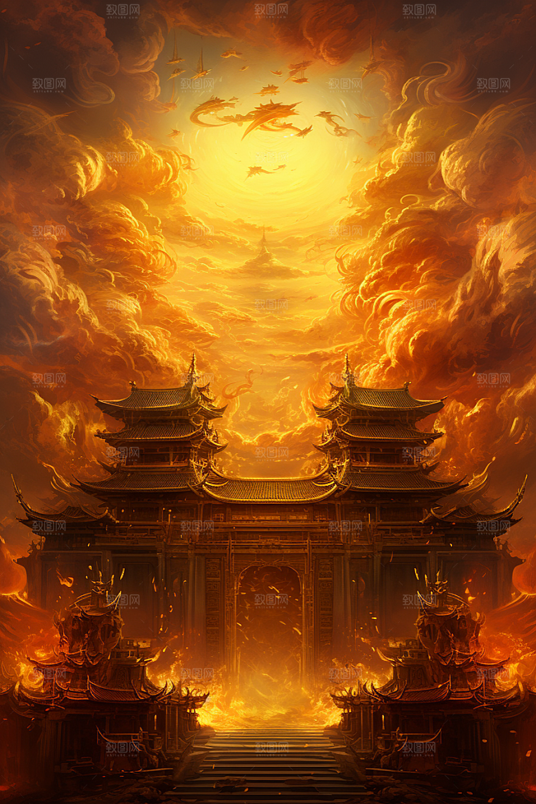 金色神话建筑梦幻古风原画