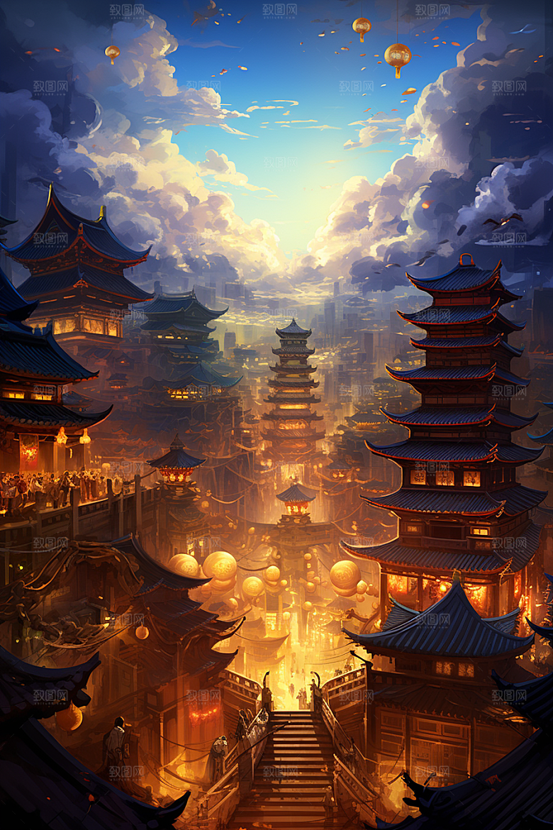 金色神话建筑古风高清原画