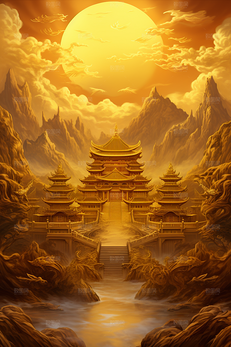 金色神话建筑神仙洞府国潮原画