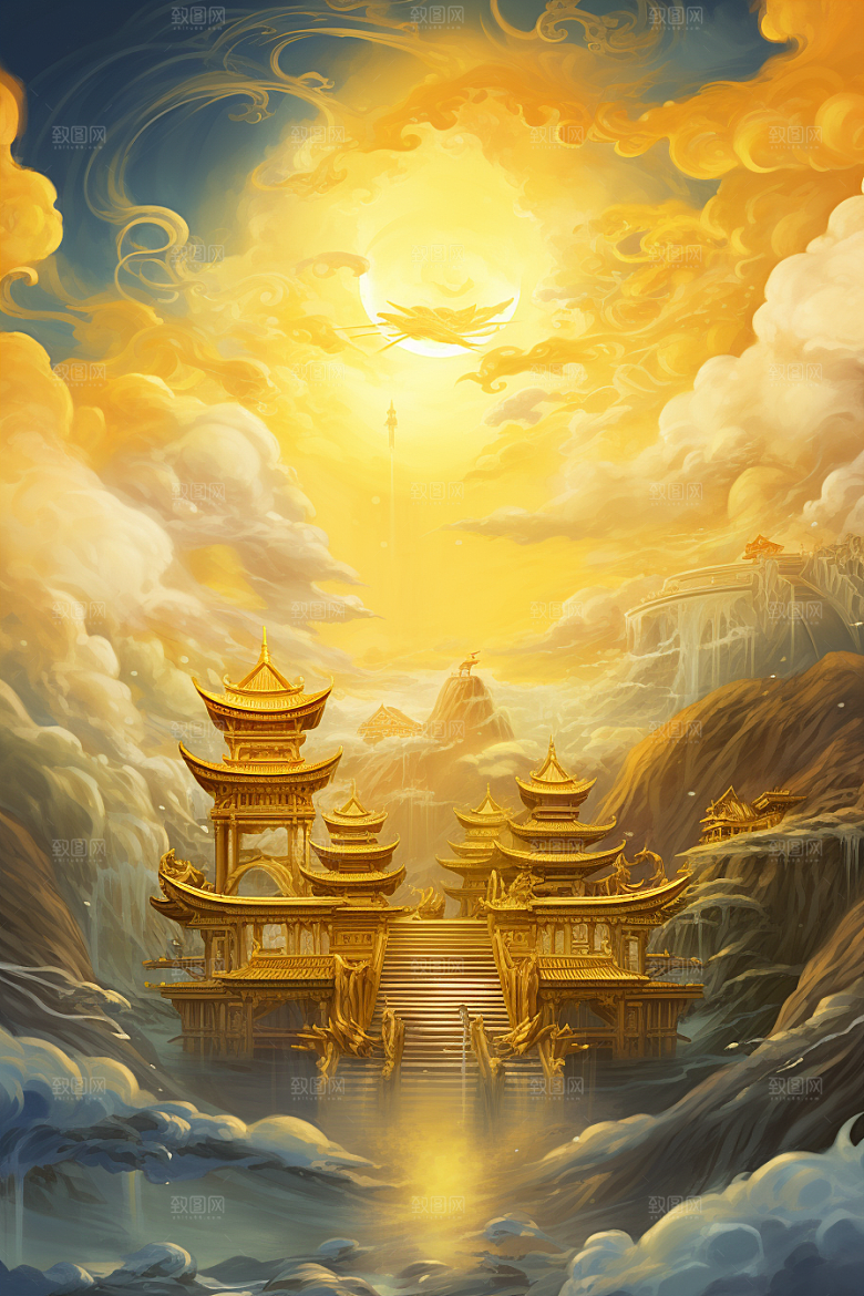 金色神话建筑中国传统风格国潮原画
