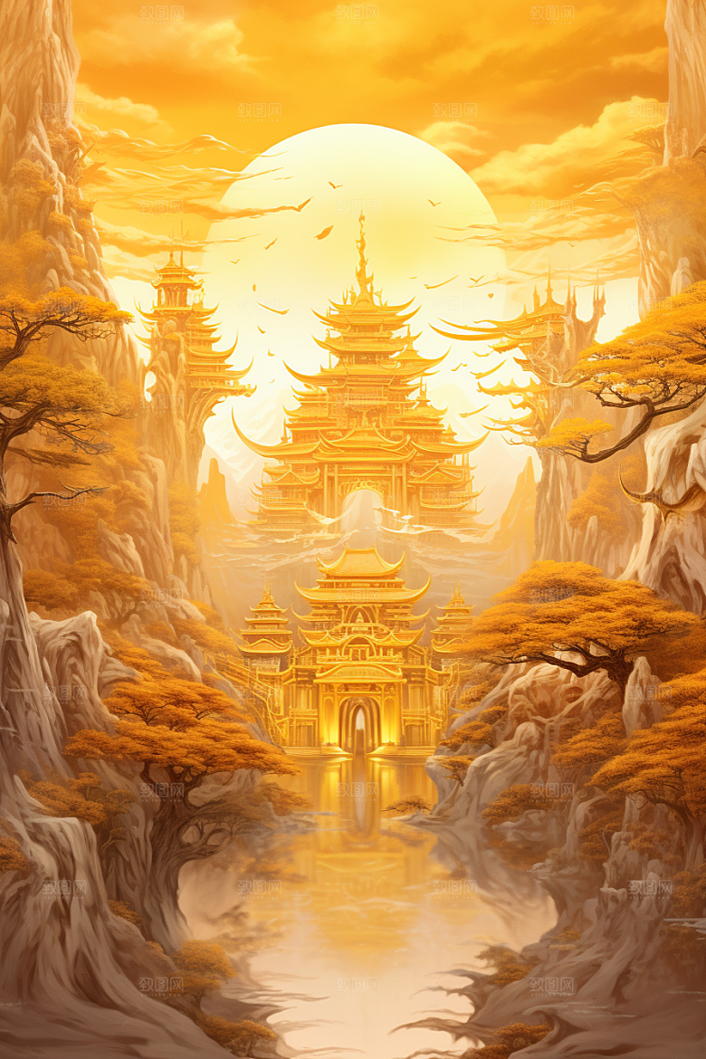 金色神话建筑中国传统风格古风原画