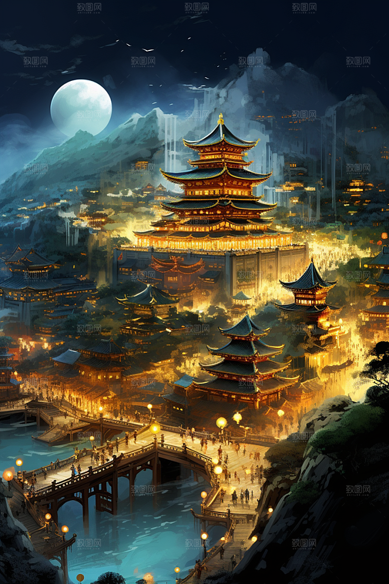 金色神话建筑中国传统风格古风原画