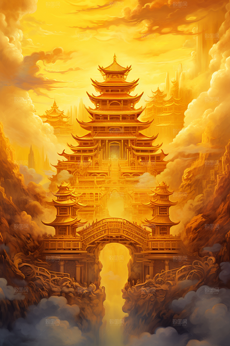 金色神话建筑古风神仙洞府原画