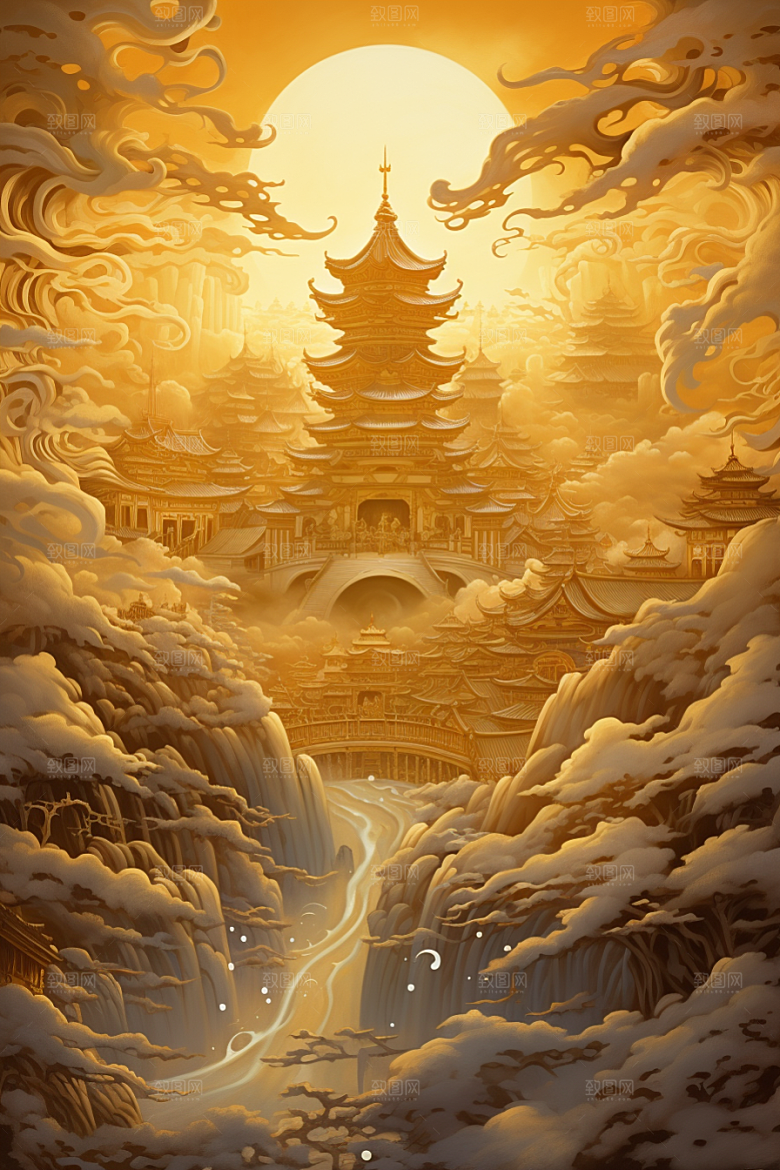 金色神话建筑中国传统风格梦幻原画