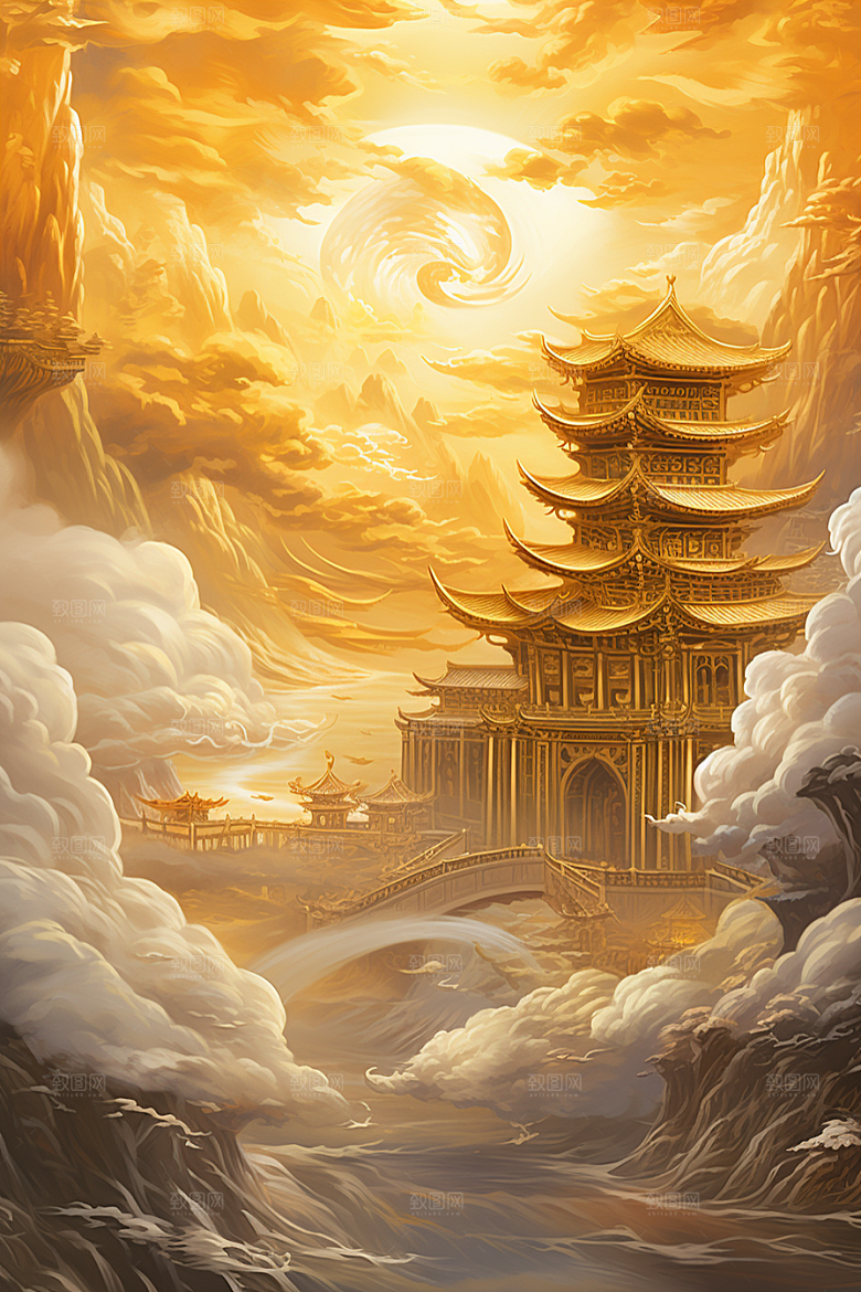 金色神话建筑梦幻古风原画