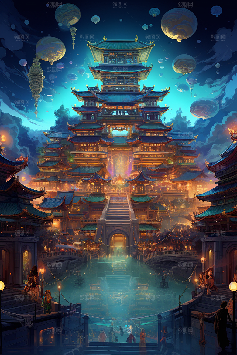 金色神话建筑国潮神仙洞府原画