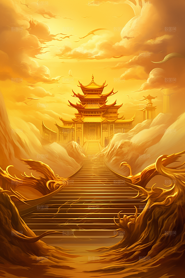 金色神话建筑神仙洞府国潮原画