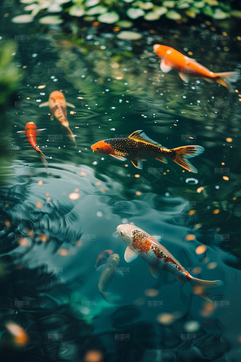 水塘锦鲤园林好运素材