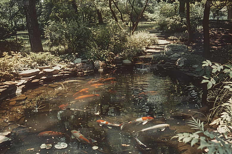 水塘锦鲤山水春节素材