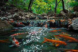 水塘锦鲤山水喜庆素材