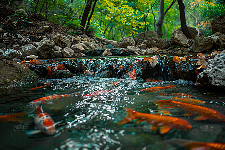 水塘锦鲤山水喜庆素材