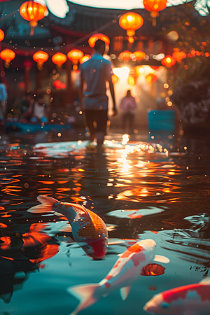 水塘锦鲤喜庆祝福素材