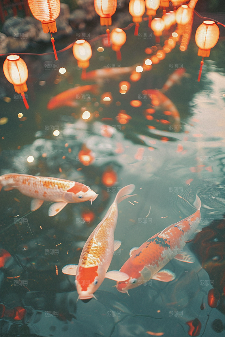 水塘锦鲤园林祝福素材
