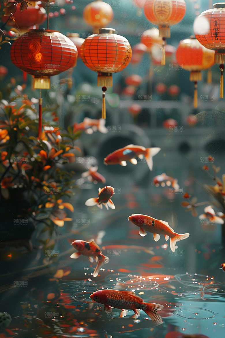 水塘锦鲤山水许愿素材