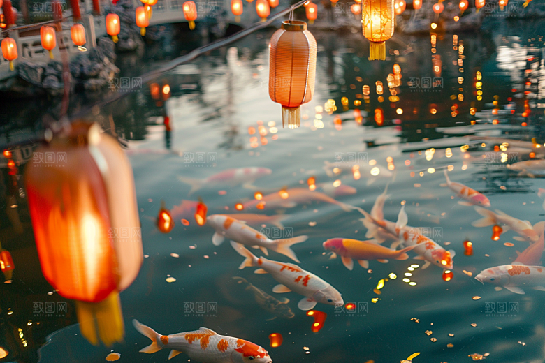 水塘锦鲤山水祝福素材
