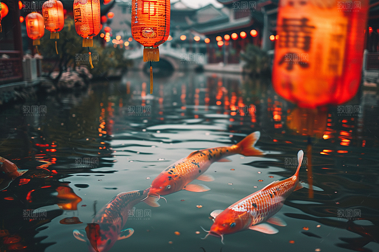 水塘锦鲤祝福过年素材