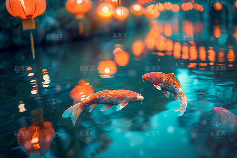 水塘锦鲤许愿中国风素材