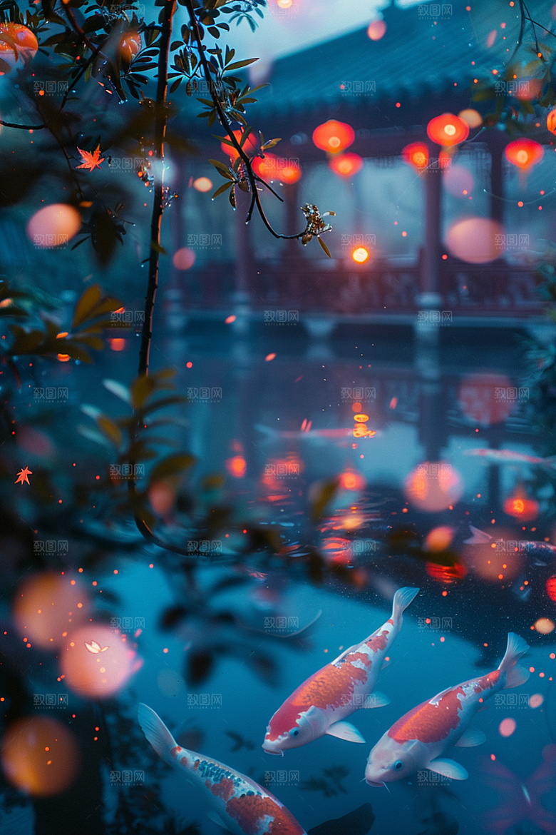水塘锦鲤春节好运素材