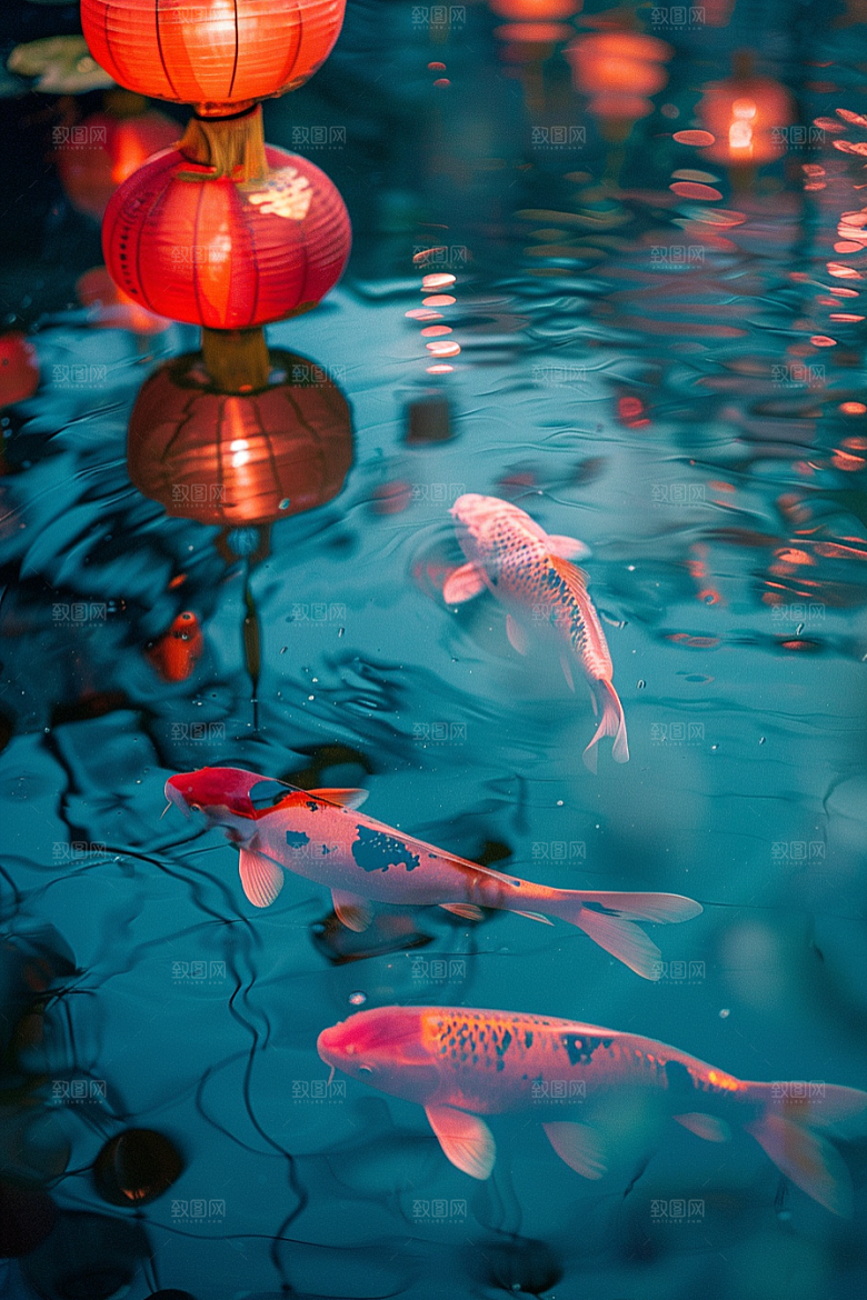 水塘锦鲤新年喜庆素材