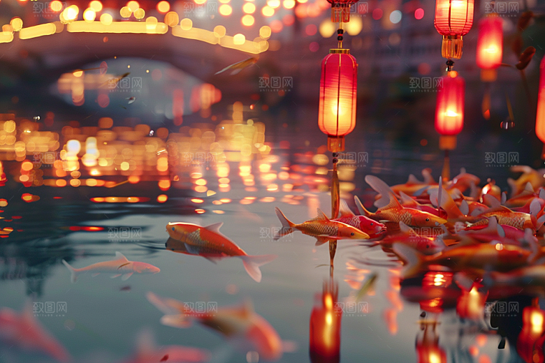 水塘锦鲤祝福园林素材