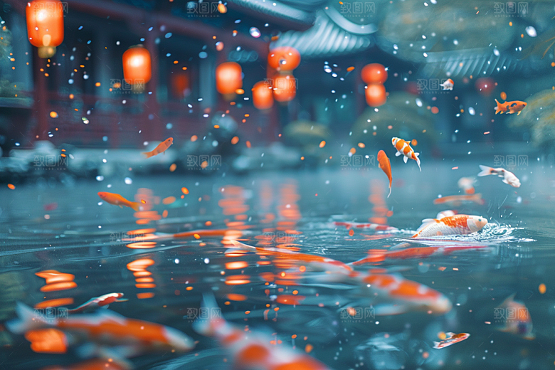 水塘锦鲤许愿春节素材