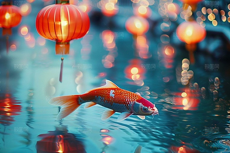 水塘锦鲤新年过年素材