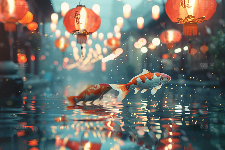 水塘锦鲤过年春节素材