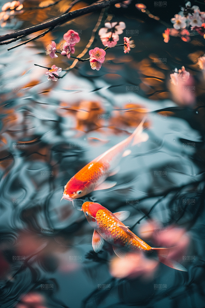水塘锦鲤祝福山水素材