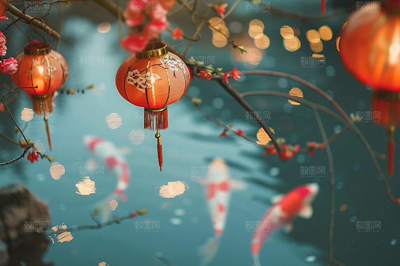 水塘锦鲤春节过年素材