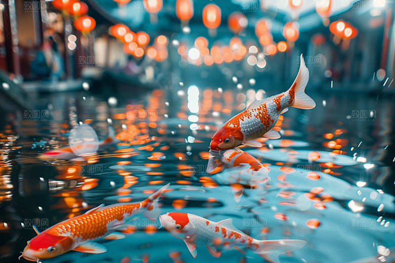 水塘锦鲤园林新年素材