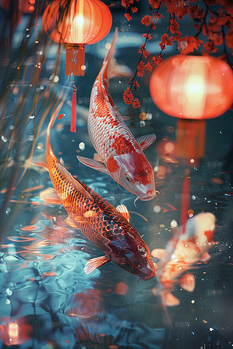 水塘锦鲤春节祝福素材