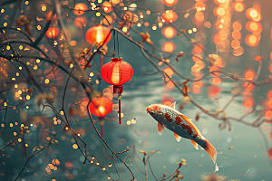 水塘锦鲤中国风新年素材
