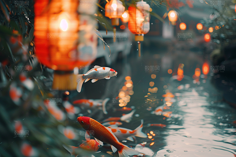 水塘锦鲤园林过年素材