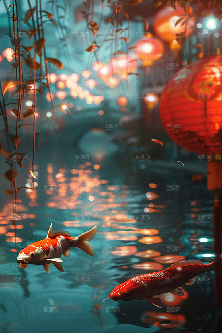 水塘锦鲤过年许愿素材