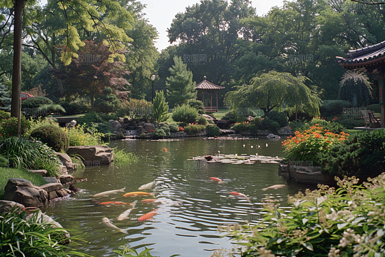 水塘锦鲤水池春节素材
