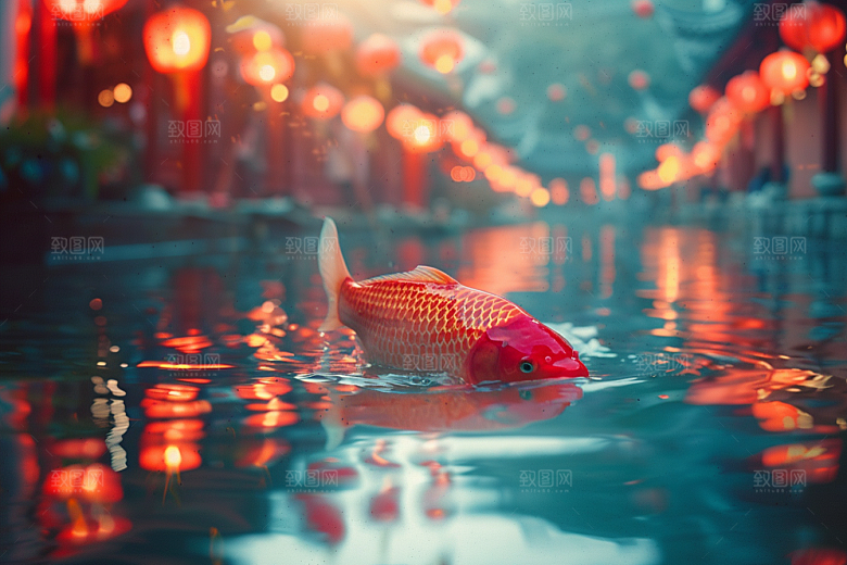 水塘锦鲤好运中国风素材