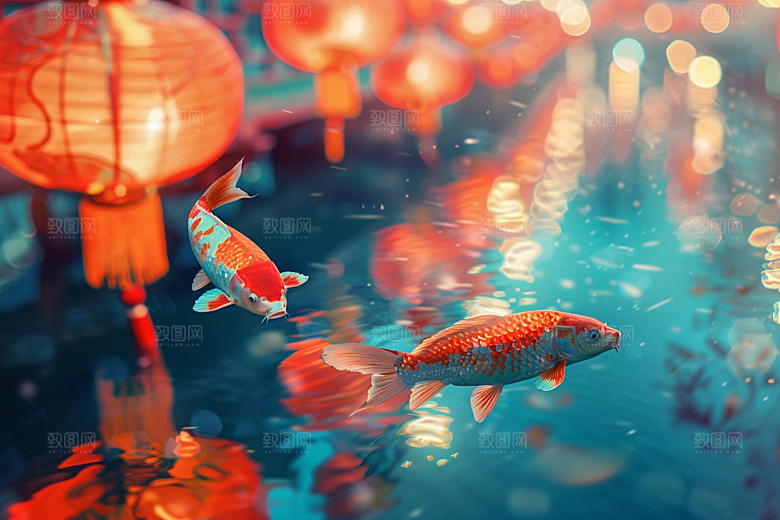 水塘锦鲤新年春节素材