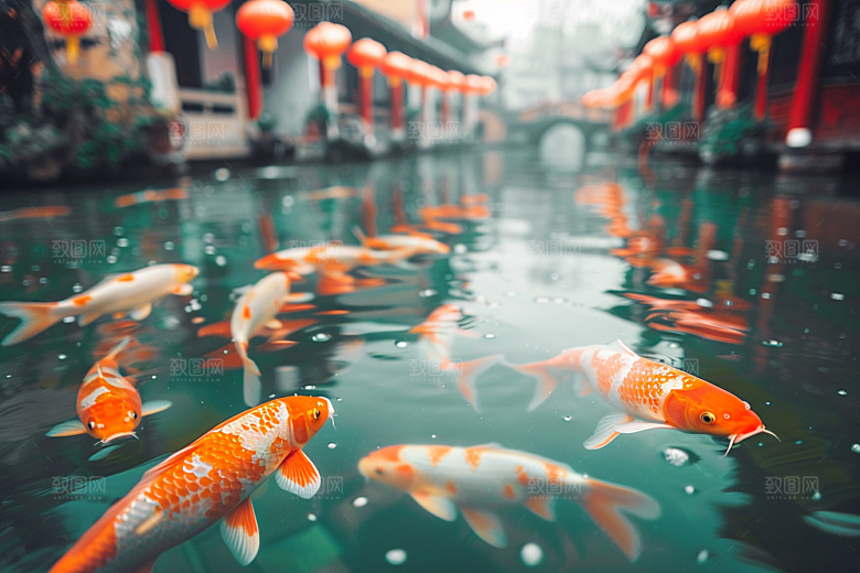 水塘锦鲤许愿新年素材
