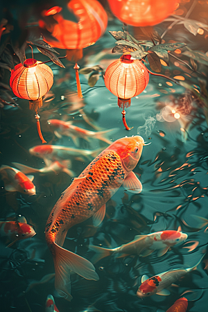 水塘锦鲤新年中国风素材